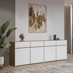 Dressoirs*Beddenbriljant Dressoir Crotone - 4-deurs incl. 4 lades - Wotan Eiken / Wit