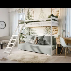 Kinderbed*Beddenbriljant Hoogslaper met Slaapbank Sophie - Wit / Ribstof Grijs - Direct Leverbaar!