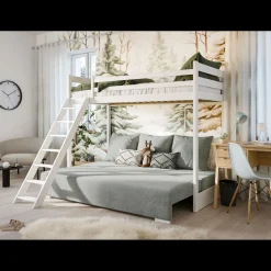 Kinderbed*Beddenbriljant Hoogslaper met Slaapbank Sophie - Wit / Ribstof Grijs - Direct Leverbaar!