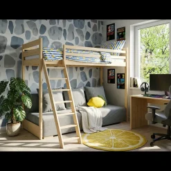 Kinderbed*Beddenbriljant Hoogslaper met Slaapbank Sophie - Naturel / Ribstof Grijs - Direct Leverbaar!
