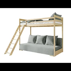 Kinderbed*Beddenbriljant Hoogslaper met Slaapbank Sophie - Naturel / Ribstof Grijs - Direct Leverbaar!