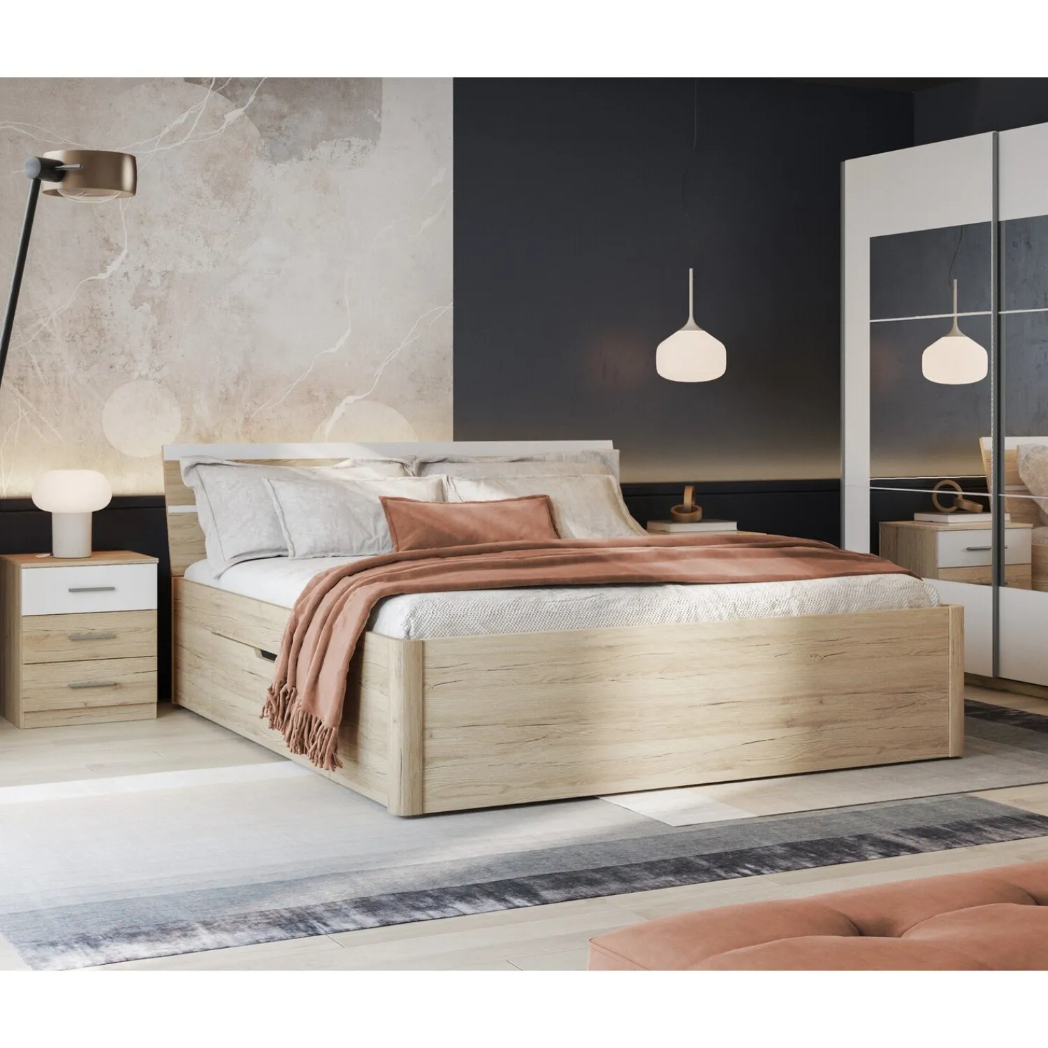 Houten Bed*Beddenbriljant Houten Bed met Laden Brest - Beige - Bedframe