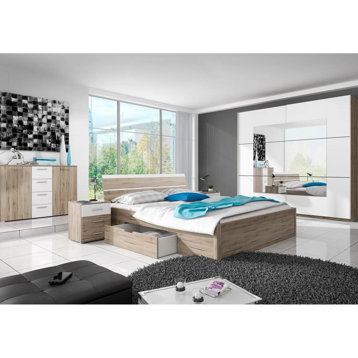 Houten Bed*Beddenbriljant Houten Bed met Laden Brest - Beige - Bedframe