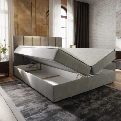 Boxspring Met Tv Lift*Beddenbriljant OP=OP Opberg Boxspring Monza 180 x 200 Suede Taupe | Voetbord Monza + 40 cm extra hoge opbergruimte