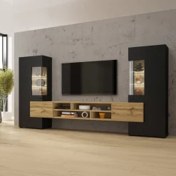 Tv Meubels*Beddenbriljant Wandcombinatie Koblenz - Wotan Eiken / Zwart